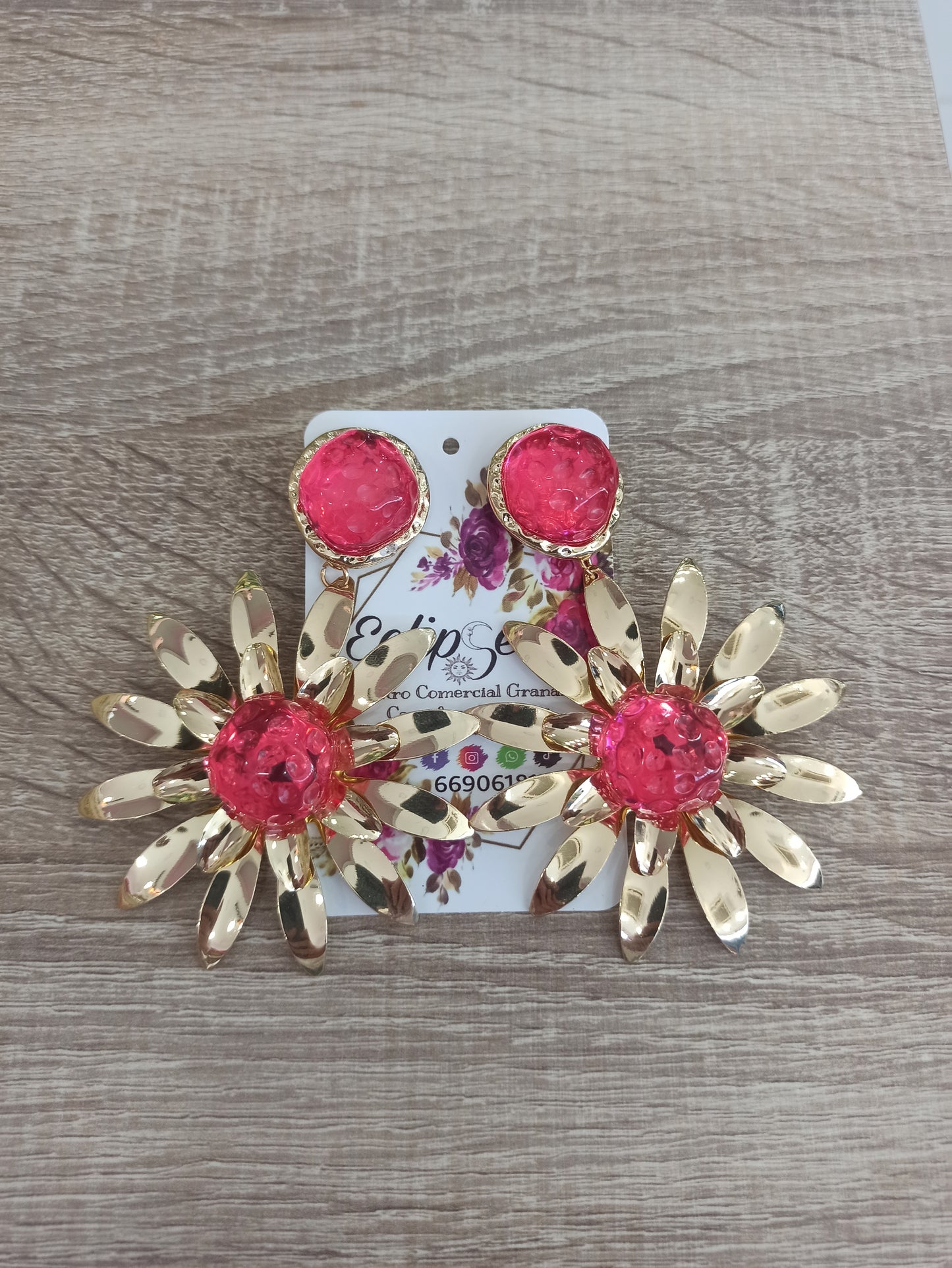 Pendientes flor rosa y dorado